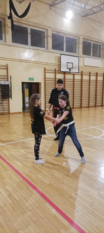 dzieci podczas zajęć karate z instruktorem