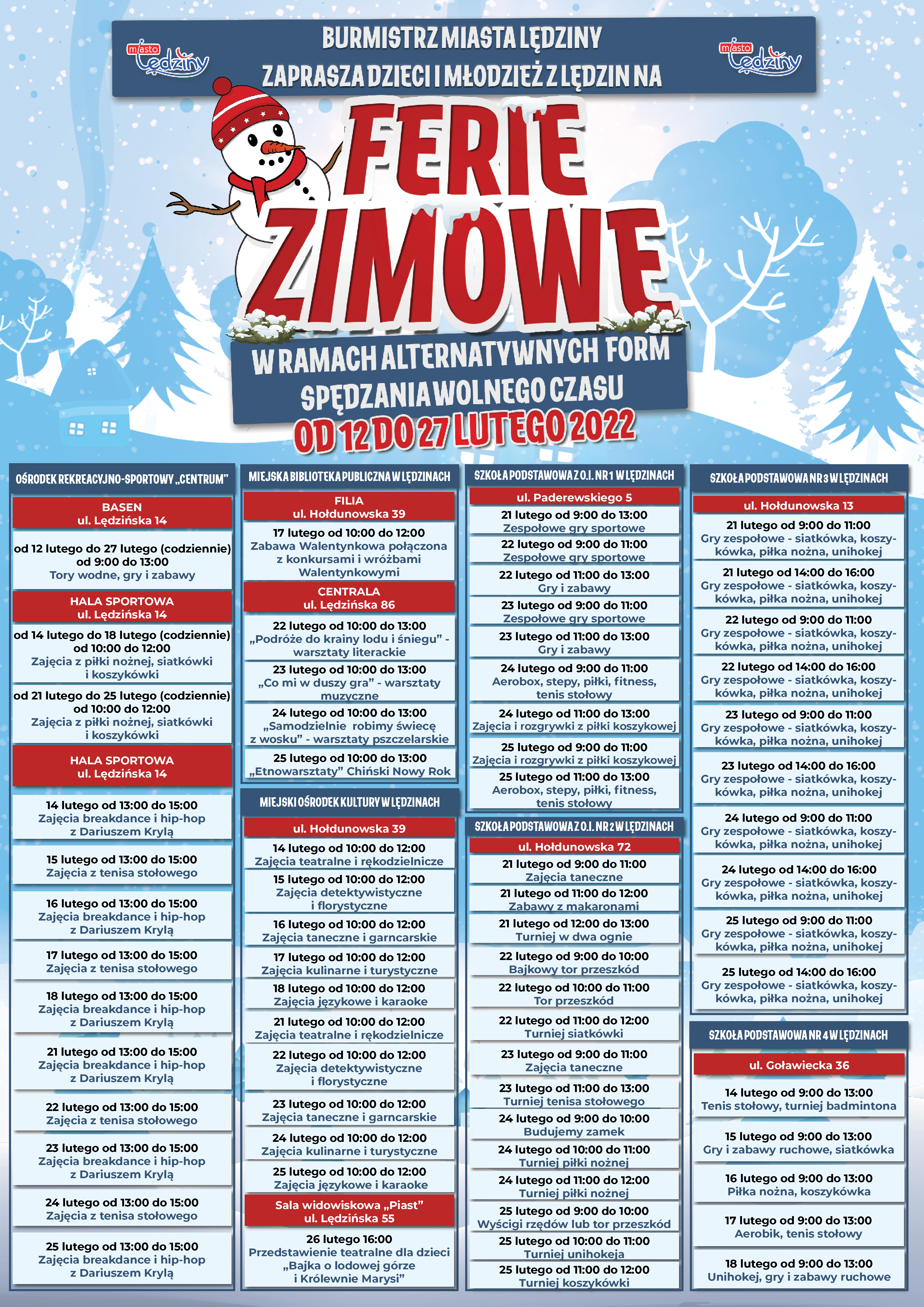 Plakat Ferii Zimowych 2022 w Lędzinach