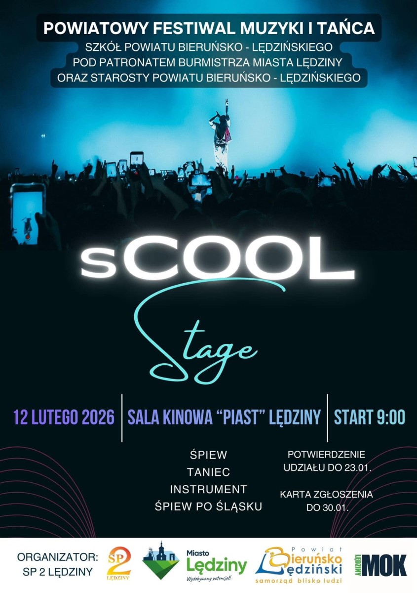 Plakat festiwalu sCOOL Stage – Powiatowy Festiwal Muzyki i Tańca w Lędzinach, 12 lutego 2026 r. Sala Kinowa Piast w Lędzinach. Kategorie: śpiew, taniec, instrument, śpiew po śląsku.