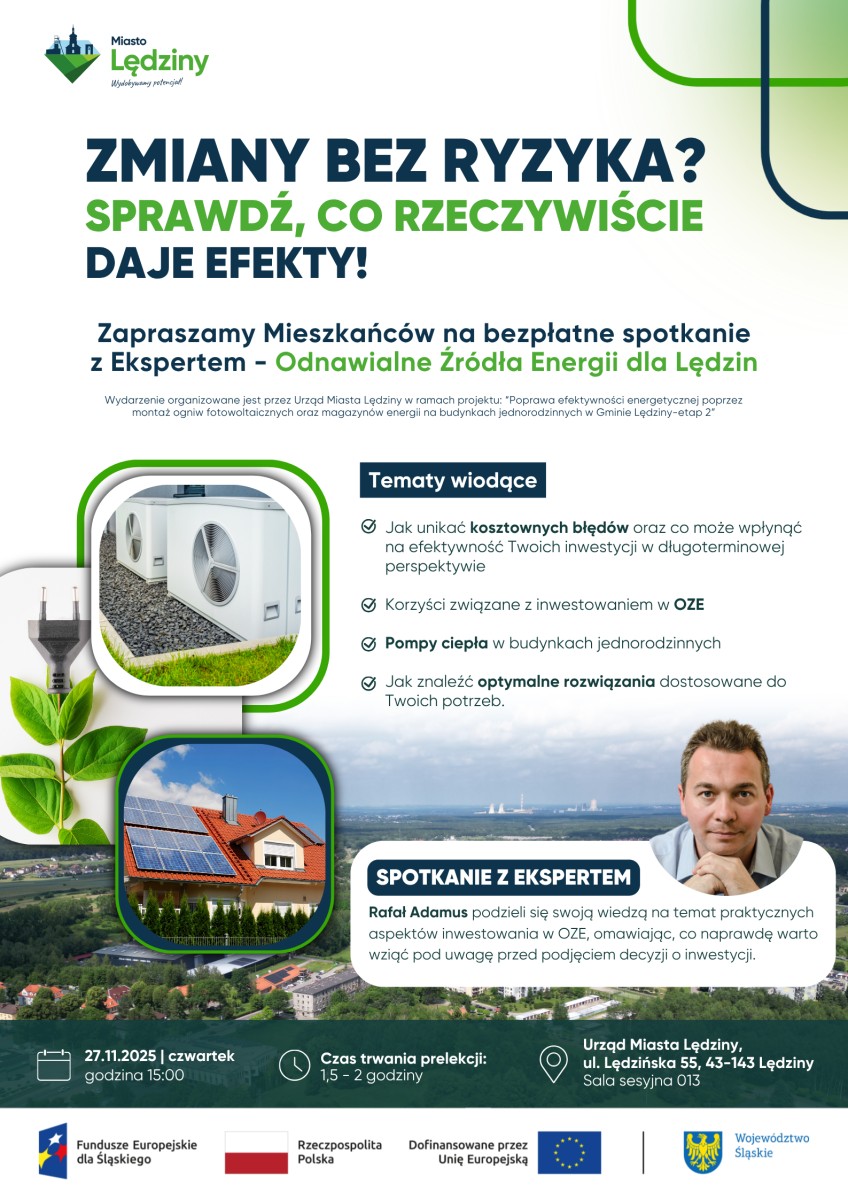 Zaproszenie na spotkanie z ekspertem „OZE dla Lędzin” – 27.11.2025 r., godz. 15:00, Urząd Miasta Lędziny. Tematyka: fotowoltaika i pompy ciepła.