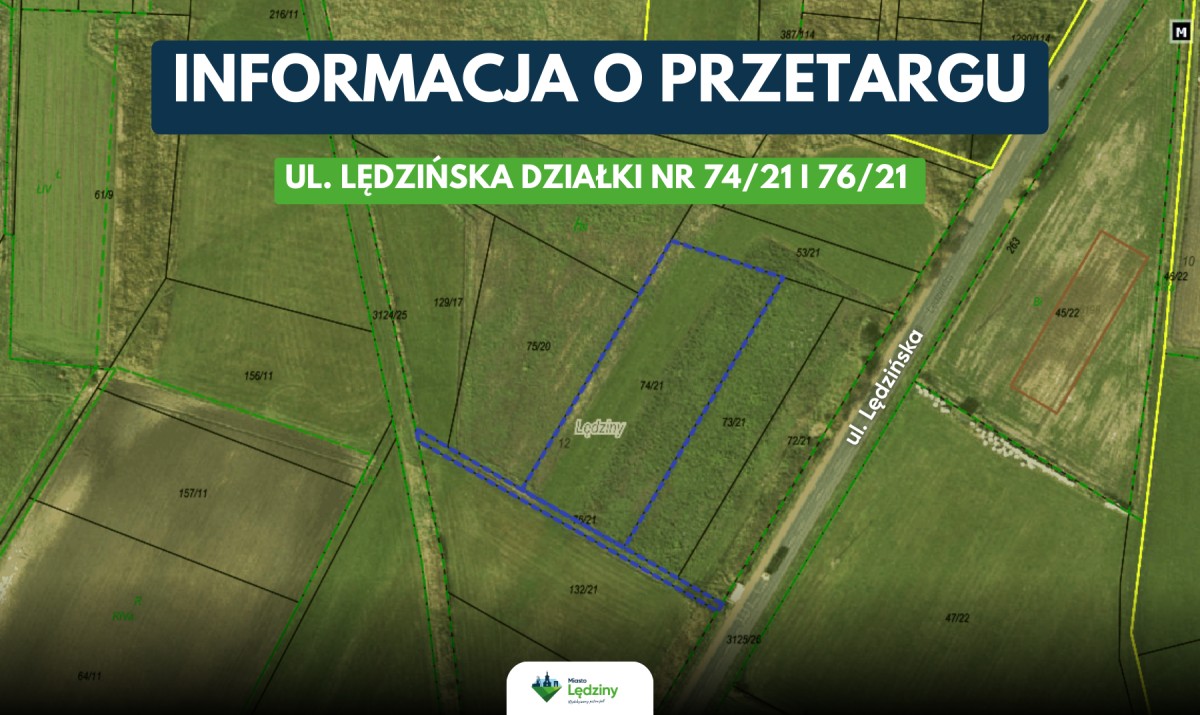 Mapa geodezyjna z ogłoszeniem o przetargu na działki nr 74/21 i 76/21 przy ul. Lędzińskiej w Lędzinach. Wybrane działki są zaznaczone na planie niebieską przerywaną linią.