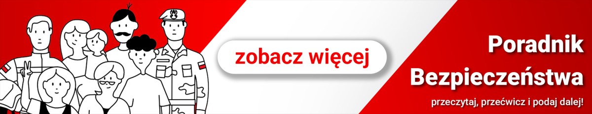 Baner informacyjny „Poradnik Bezpieczeństwa” z rysunkowymi postaciami przedstawiającymi różne grupy społeczne oraz służby mundurowe. W centralnej części przycisk z napisem „zobacz więcej”.