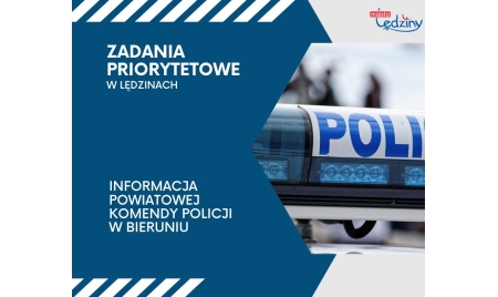 Baner z informacją - zadania priorytetowe w Lędzinach - informacja powiatowej komendy policji w bieruniu. Napis znajduje się na niebieskim tle. 