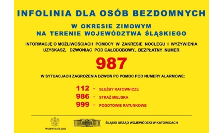 Plakat informacyjny Śląskiego Urzędu Wojewódzkiego dotyczący infolinii dla osób bezdomnych w okresie zimowym. Numer infolinii to 987.
