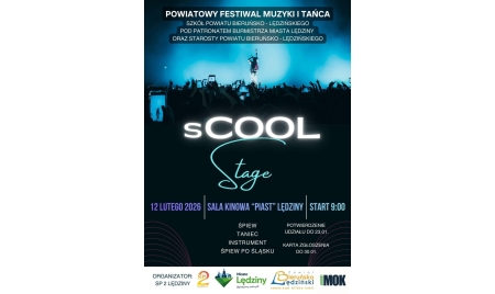 Plakat festiwalu sCOOL Stage – Powiatowy Festiwal Muzyki i Tańca w Lędzinach, 12 lutego 2026 r. Sala Kinowa Piast w Lędzinach. Kategorie: śpiew, taniec, instrument, śpiew po śląsku.