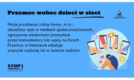 Grafika edukacyjna kampanii „STOP PRZEMOCY” dotycząca cyberprzemocy wobec dzieci. Na niebieskim tle widnieje tekst informujący o formach przemocy w sieci oraz ilustracja przedstawiająca dziecko kulące się pod naporem rąk wyłaniających się z ekranów smartf