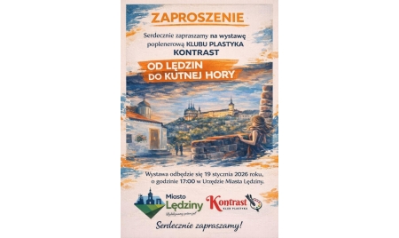 Plakat z zaproszeniem na wystawę poplenerową Klubu Plastyka Kontrast pt. „Od Lędzin do Kutnej Hory”. Wydarzenie odbędzie się 19 stycznia 2026 roku o godzinie 17:00 w Urzędzie Miasta Lędziny.
